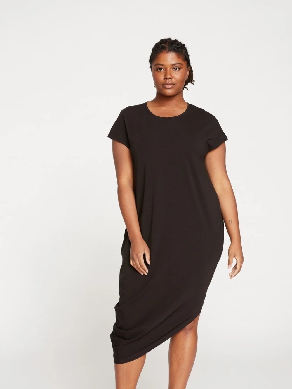 Universal Standard Geneva Black Asymmetrical Hem V-Neck Midi Dress Cotton XS